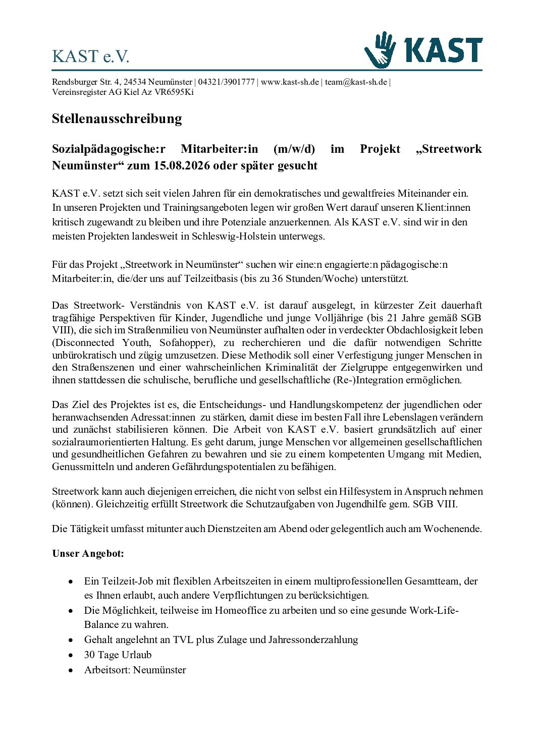 Stellenausschreibung Streetwork Neumünster ab 15.08.26